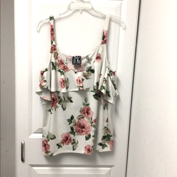 TMG New York Tops - TMG New York Cold Shoulder Swing Halter Top, White Floral, size XL